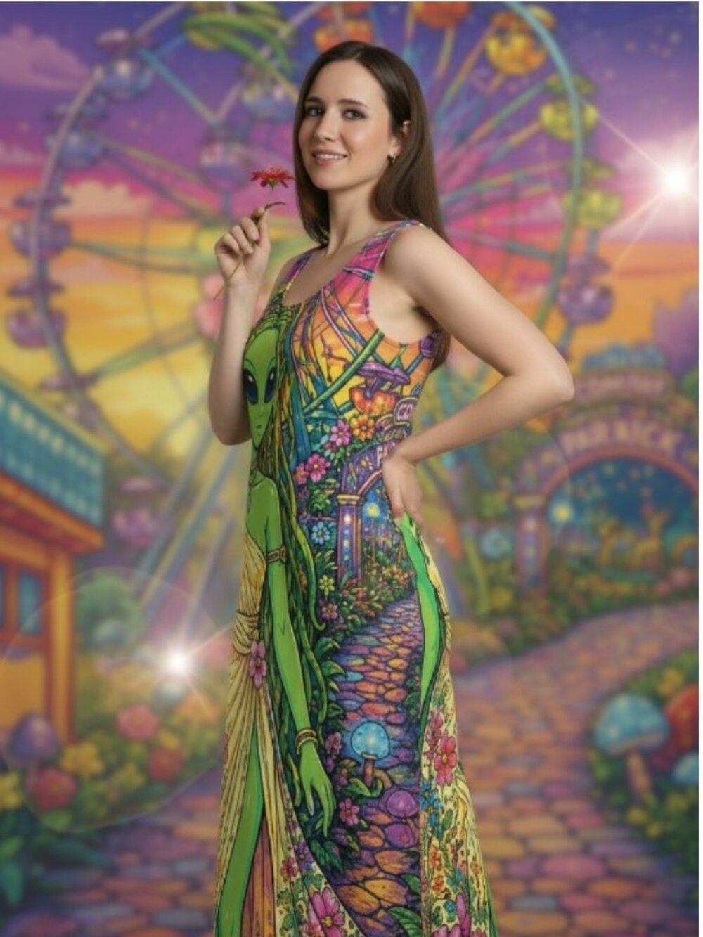 Elise Maxi Dress — Cosmic Paradise Garden | Alien Goddess Fantasy Art (Preorder)